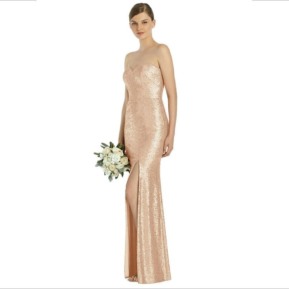 Dessy Collection strapless formal sequin column long gown dress rose gold new 0